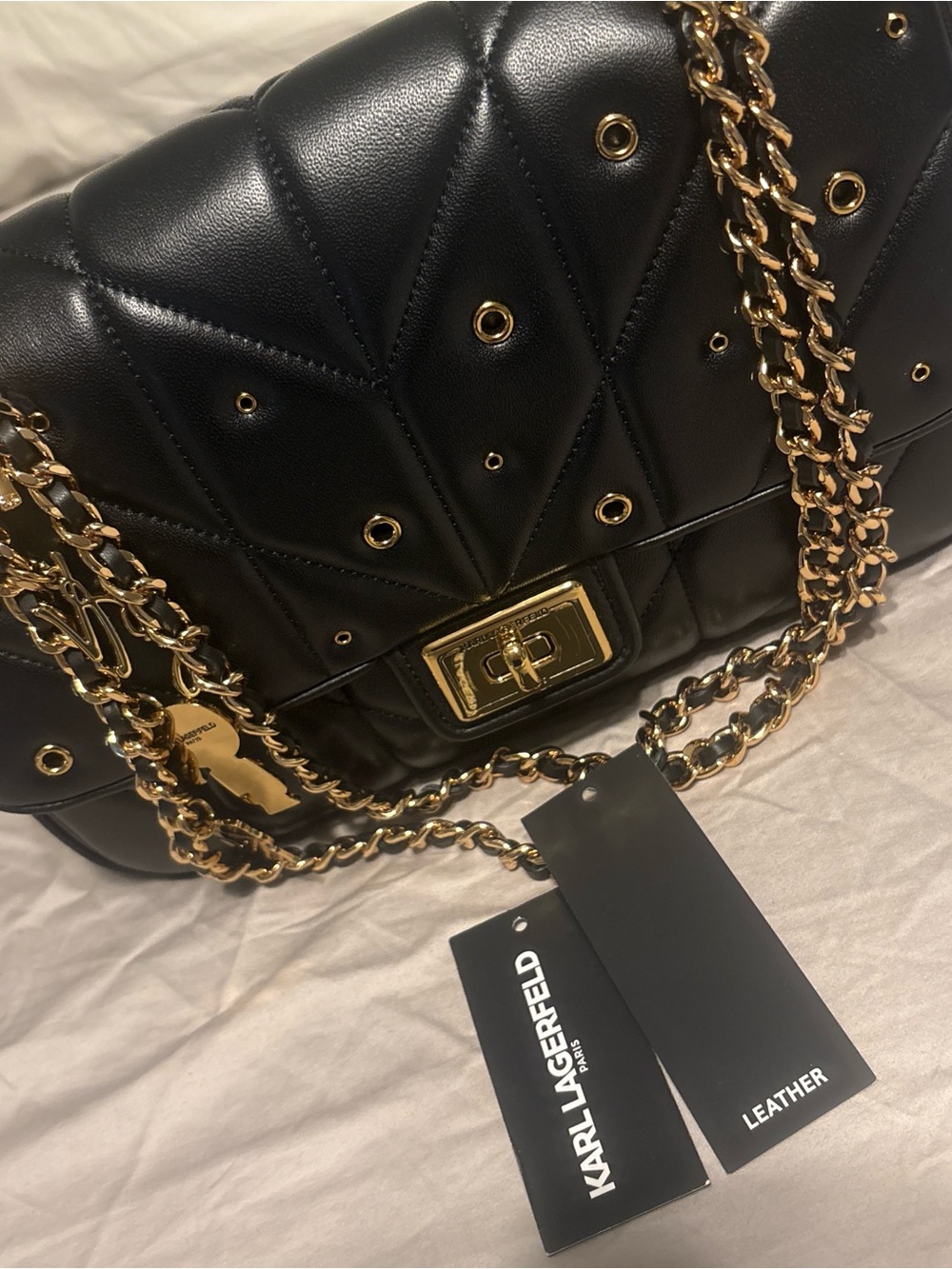 Karl Lagerfeld Black Quilted Leather Shoulder Bag with Gold Hardware new